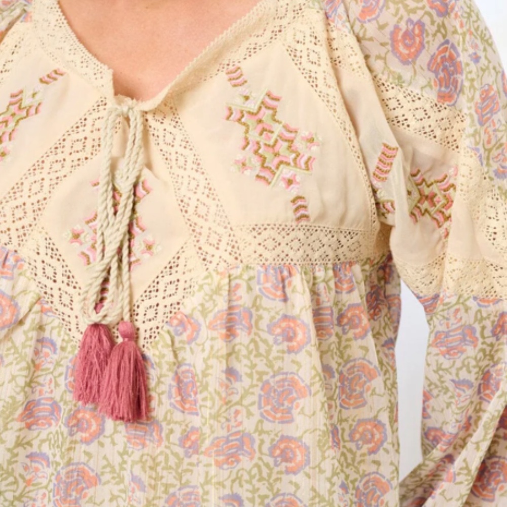 Women's Cream Floral Embroidered Boho Blouse with Tassel Tie